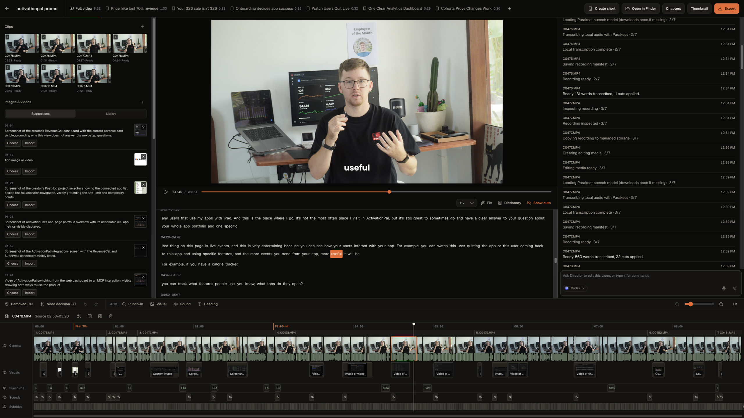 The ClipsPal editor: media, preview, transcript, Director and a multi-track timeline